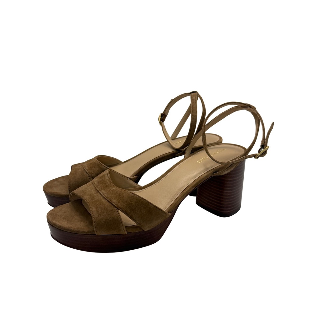 Veronica Beard Tan Suede Platform Block Heel Ankle Strap Sandals 10M Luxury